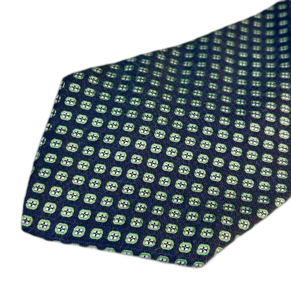 J. Crew Men's Navy Green Geometric Diamond Dot Pattern Corporate 100% Silk Tie